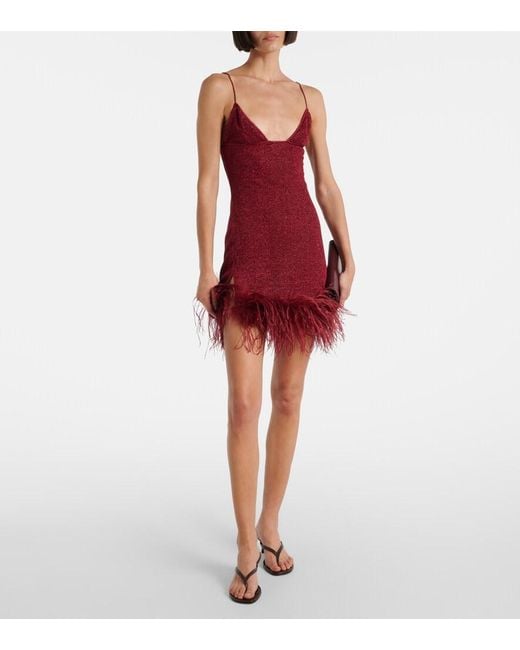 Oseree Red Lumiere Feather-Trimmed Minidress