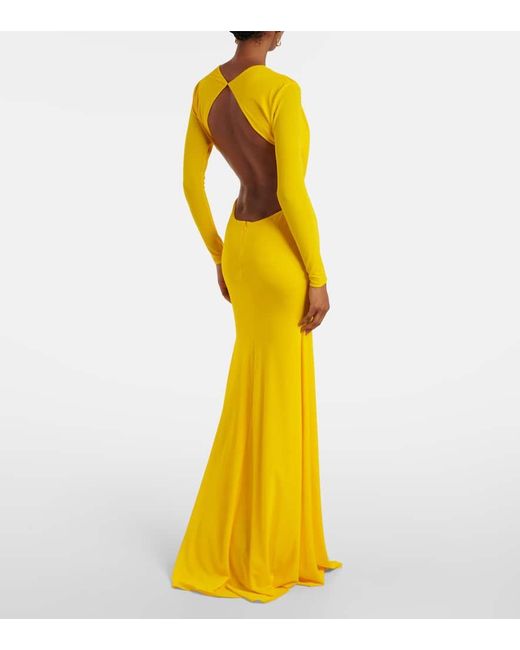 Alex Perry Yellow Ruched Open-Back Crepe Jersey Gown
