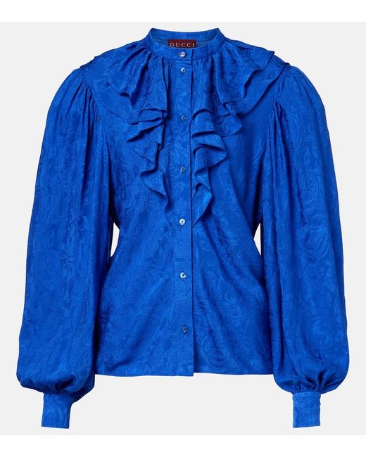 Gucci Blue Printed Ruffled Silk Satin Shirt