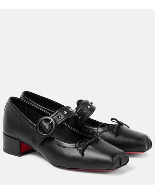 Christian Louboutin Black Mamastrapita Spikes Leather Mary Jane Flats