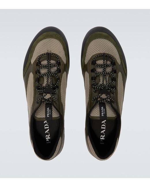 Prada Brown Speedrock Leather-Trimmed Sneakers for men
