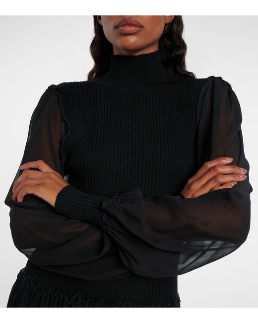 FRAME Black Ribbed-Knit Wool And Silk Minidress