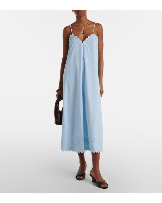 Juliet Dunn Blue Embroidered Scalloped Cotton Midi Dress