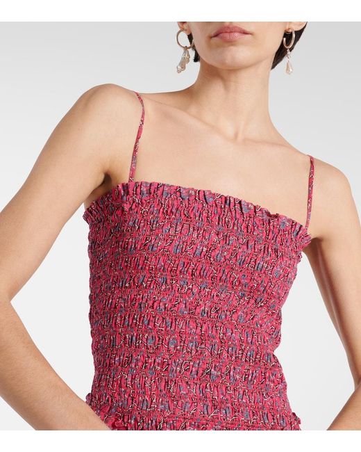 Isabel Marant Red Ankage Smocked Ruffled Cotton Minidress