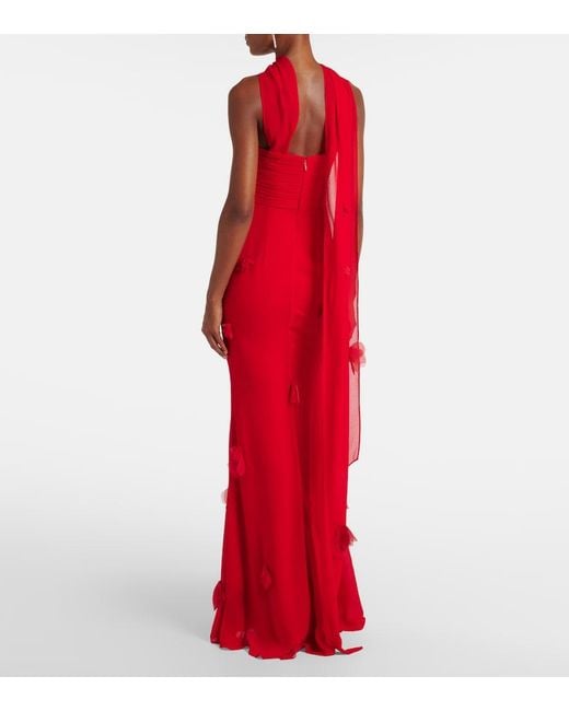 Self-Portrait Red Floral-Applique Scarf-Detail Gown