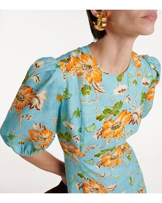 ALÉMAIS Blue Bedrucktes Midikleid Aus Leinen