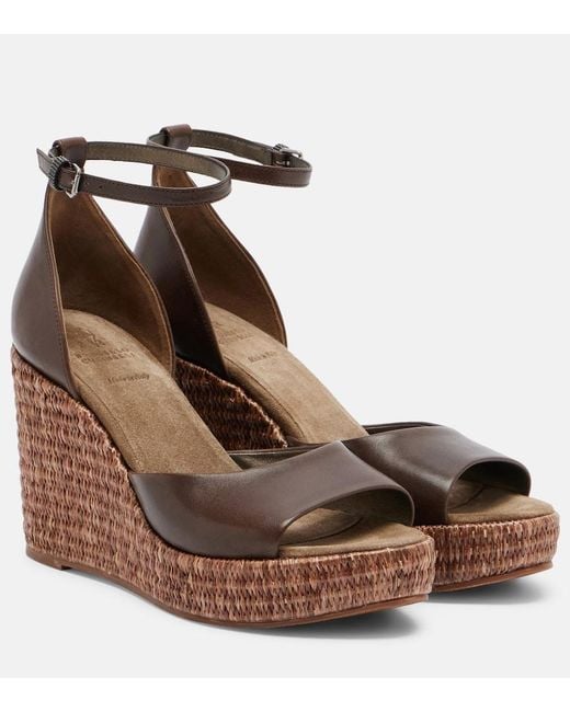 Brunello Cucinelli Brown Monili Leather Espadrille Wedges