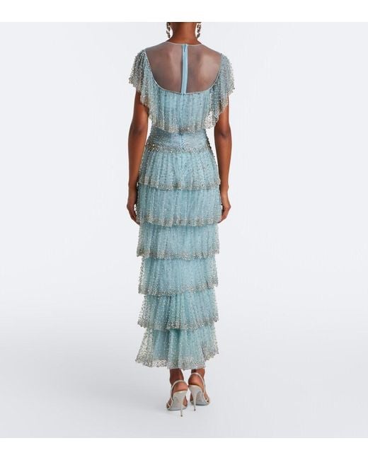 Costarellos Blue Crystal-Embellished Tiered Mesh Gown