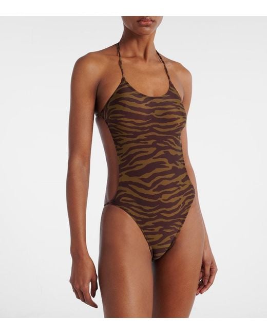 The Attico Brown Zebra-Print Halterneck Swimsuit