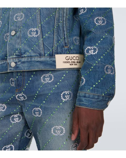Veste Interlocking G en jean a cristaux Gucci pour homme en coloris Blue