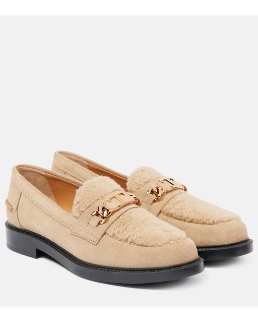 Tod's Natural Shearling-Trimmed Suede Loafers