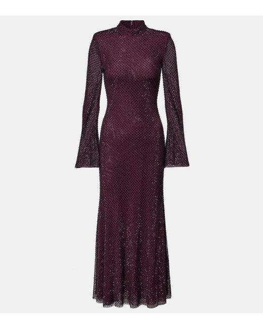 Self-Portrait Purple Rhinestone Mesh Maxi Dress