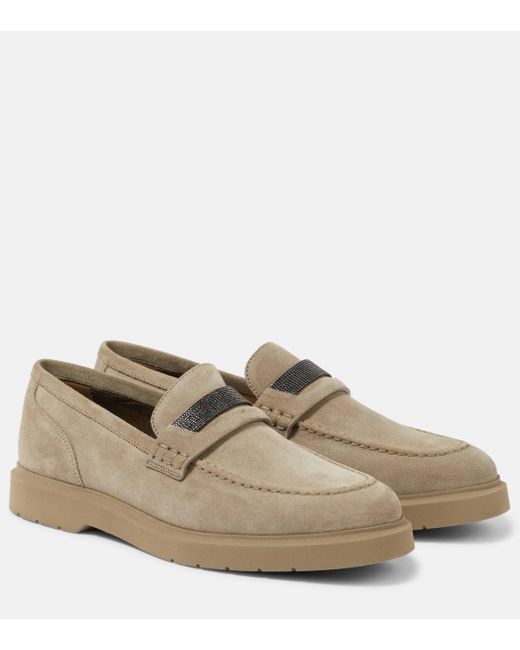 Brunello Cucinelli Natural Embellished Suede Penny Loafers