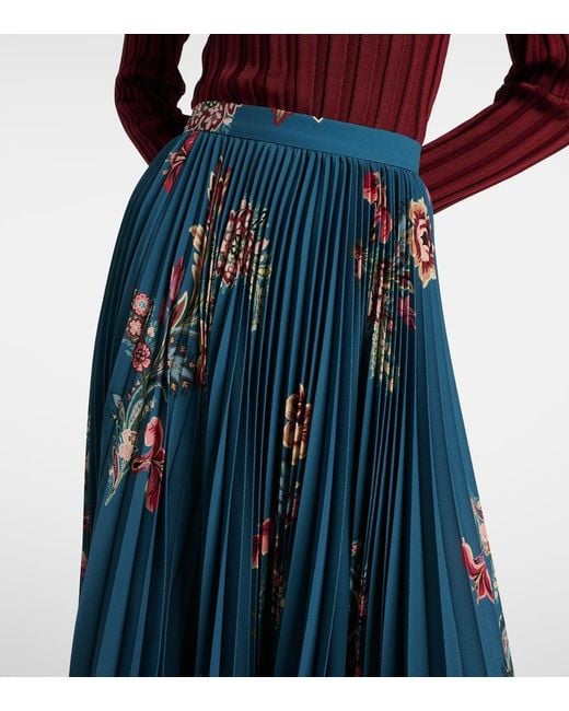Etro Blue Plisse High-Rise Floral Midi Skirt