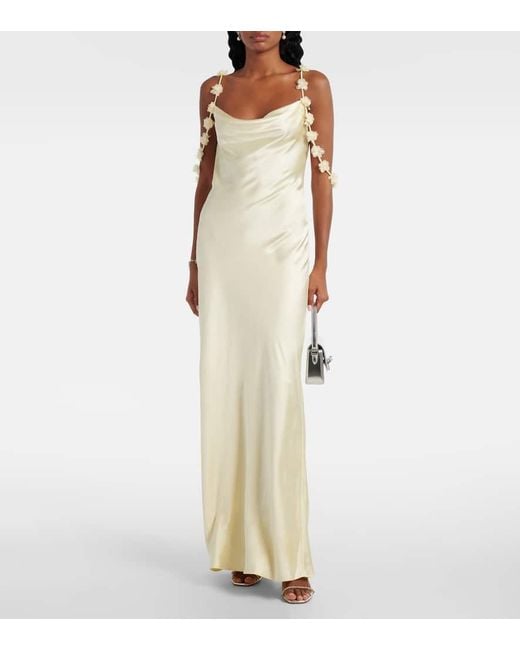 Self-Portrait White Floral-Applique Satin Maxi Dress