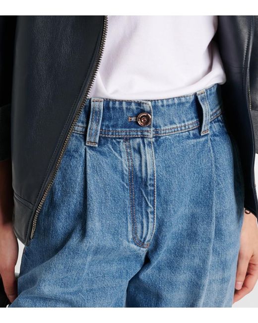 Brunello Cucinelli Blue Pleated High-Rise Wide-Leg Jeans