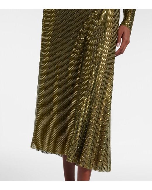 Self-Portrait Green Gathered Rhinestone-Embellished Midi Dress