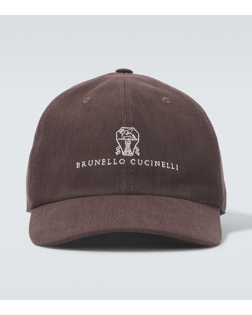 Brunello Cucinelli Baseballcap Aus Leinen Mit Leder in Brown für Herren