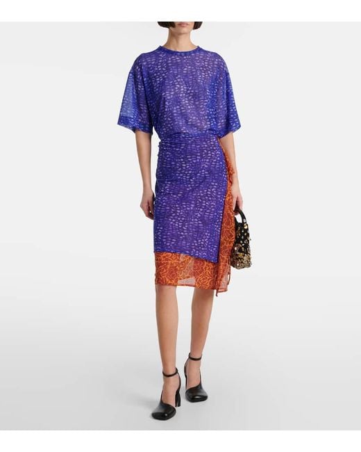 Dries Van Noten Blue Printed Mesh Midi Skirt
