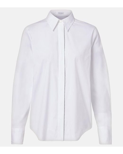 Brunello Cucinelli White Monili Cotton-Blend Poplin Shirt
