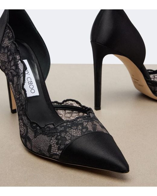 Jimmy Choo Black Brigitte Lace-Trimmed Satin Pumps