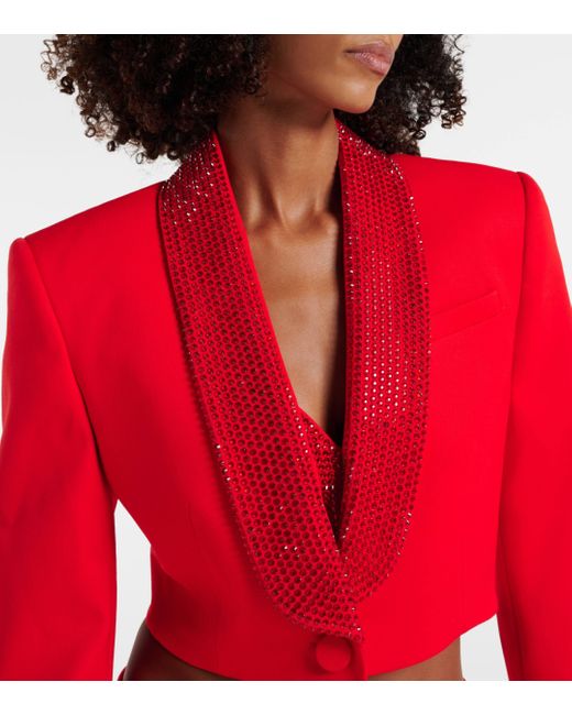 Area Red Crystal-embellished Cropped Wool Blazer