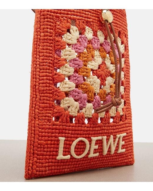 Loewe Red Paula's Ibiza Crochet Raffia Pouch With Strap