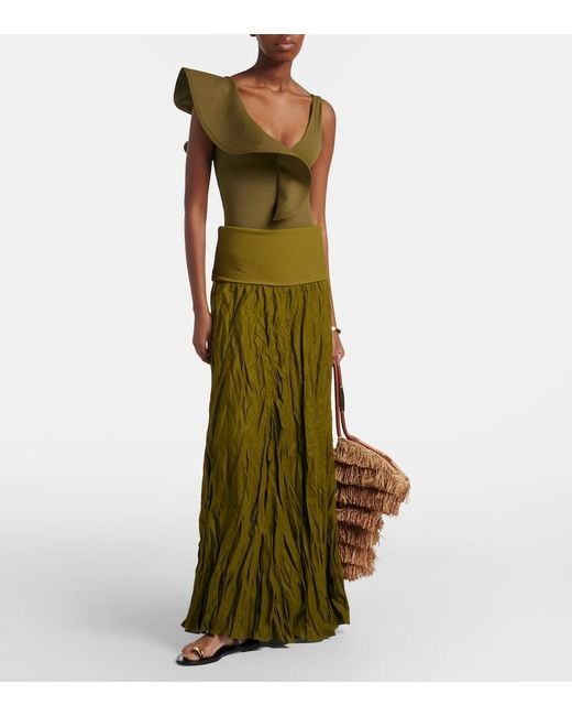 Johanna Ortiz Green Linen-Blend Maxi Skirt