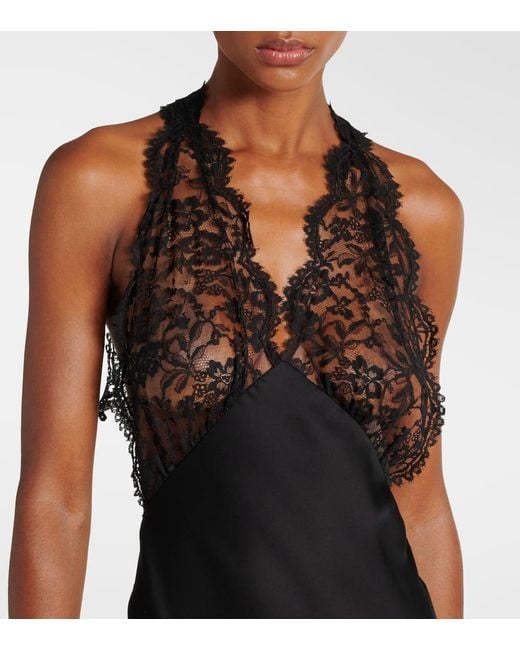 Saint Laurent Black Lace-Trimmed Silk Charmeuse Gown