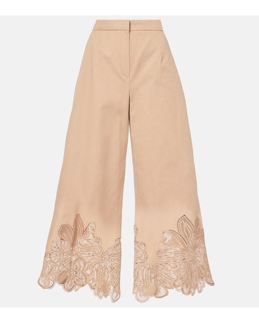 Elie Saab Natural Embroidered Gabardine Cropped Wide-Leg Pants
