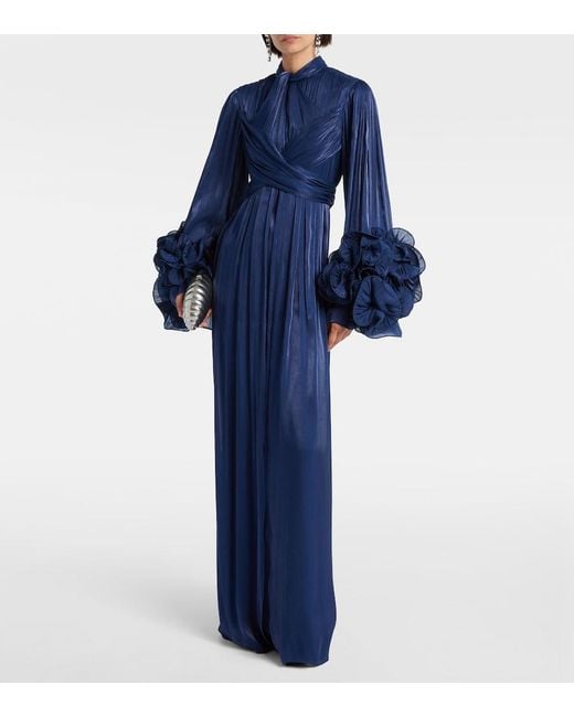 Costarellos Blue Draped Ruffled Gown
