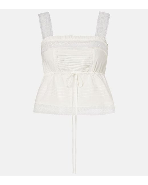 Ganni White Lace-Trimmed Ruffled Cotton Crop Top