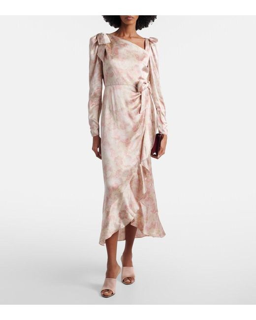 Alessandra Rich Natural Bow-Detail Floral Silk Satin Midi Dress