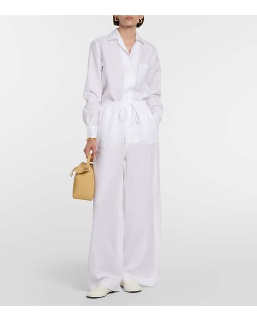 Loro Piana White Weite High-Rise-Hose Aus Leinen