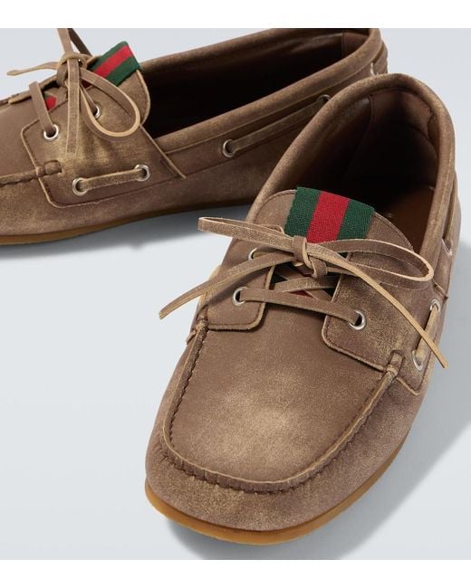 Gucci White Web Stripe Leather Boat Shoes for men