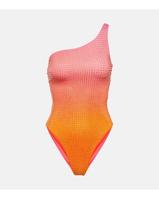 Self-Portrait Orange Crystal-embellished Swimsuit