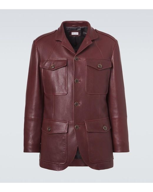 Brunello Cucinelli Red Leather Field Jacket for men