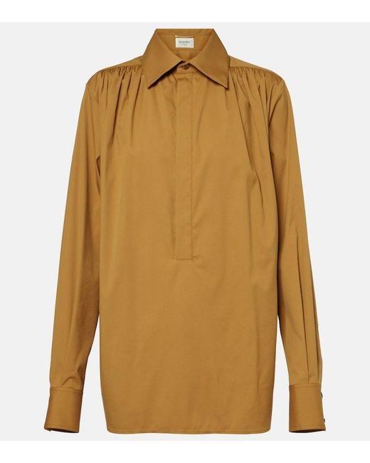 Saint Laurent Brown Gathered Cotton-Blend Blouse