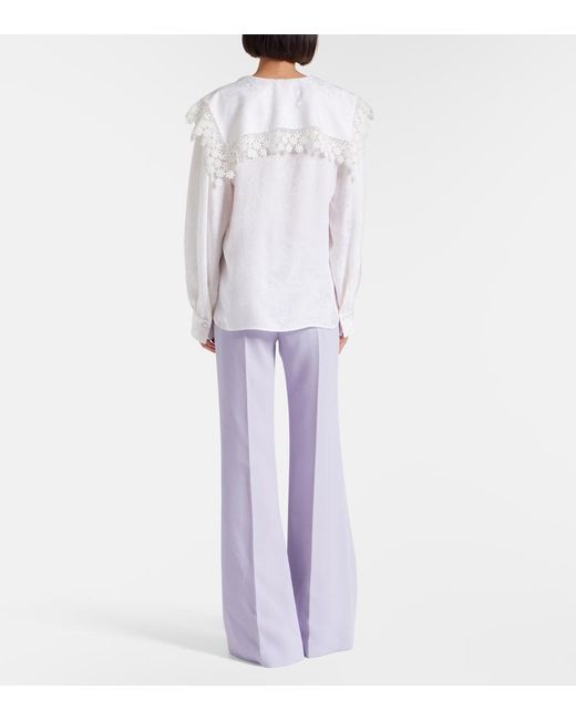 Chloé White Lace-Trimmed Floral Jacquard Silk Blouse