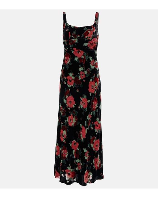 Rixo Black Benedict Floral Silk-blend Velvet Midi Dress