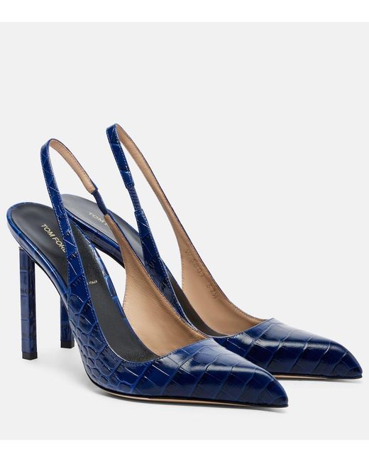 Tom Ford Blue 105 Croc-Effect Leather Slingback Pumps