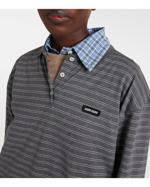 Miu Miu Gray Striped Cotton Jersey Polo Shirt