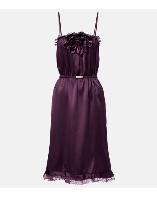 Gucci Purple Lace-Trimmed Silk Satin Midi Dress