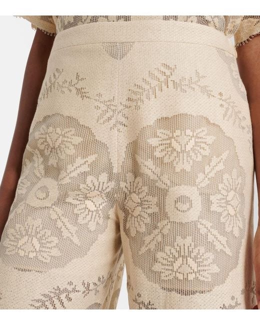 Valentino Natural Embroidered Cotton-Blend Wide-Leg Pants