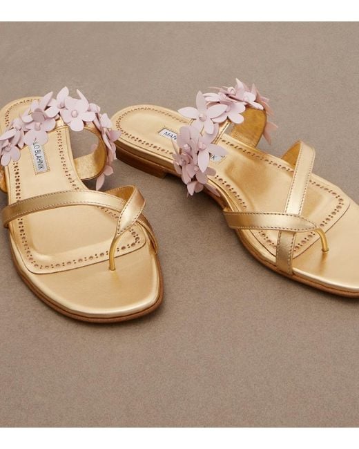 Manolo Blahnik Metallic Fiosa Applique Leather Thong Sandals