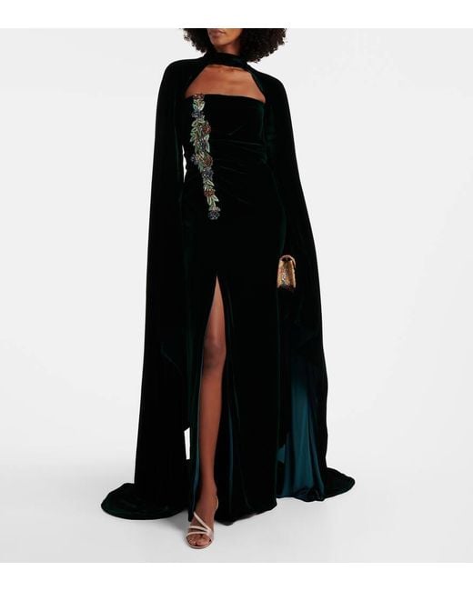 Costarellos Black Brisha Caped Embellished Velvet Gown