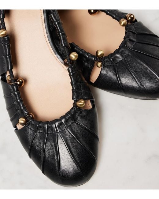 Chloé Black Luna Cut-Out Embellished Gathered Leather Ballet Flats