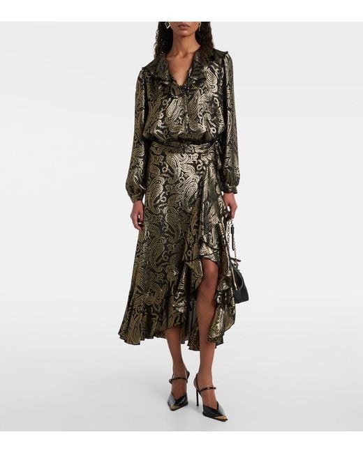 Etro Gray Paisley Ruffled Silk-Blend Midi Skirt