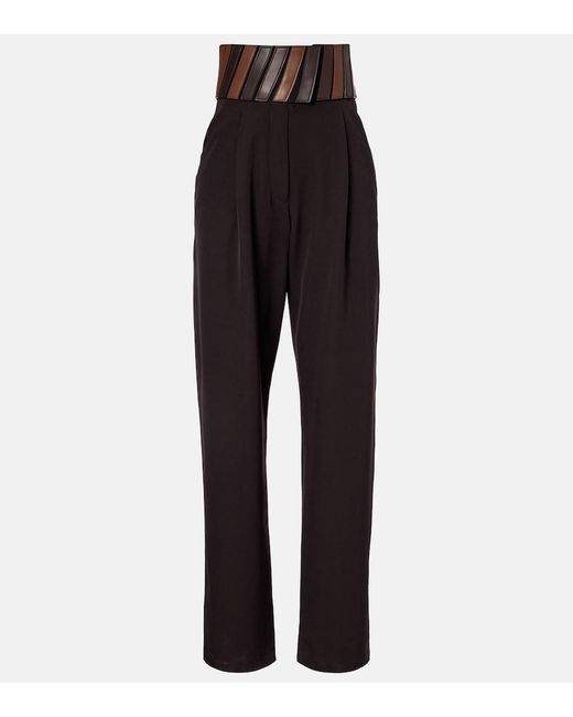 Alaïa Black Leather-Trimmed Wool Straight Pants