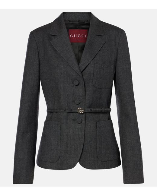 Gucci Black Double G Belted Wool Grisaille Blazer